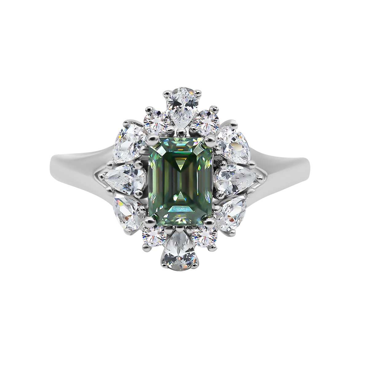 【741】Radiant Cluster 1 Carat Emerald Cut Green Moissanite Ring