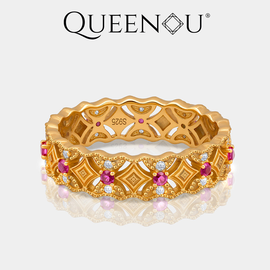 【945】QUEENOU Palace Style Cloud Brocade Openwork Cubic Zirconia Ring for Women