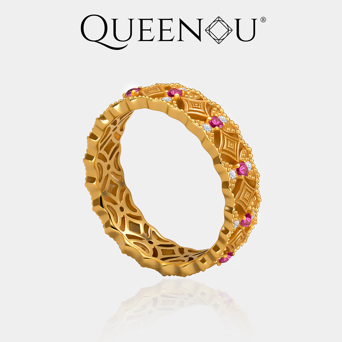 【945】QUEENOU Palace Style Cloud Brocade Openwork Cubic Zirconia Ring for Women