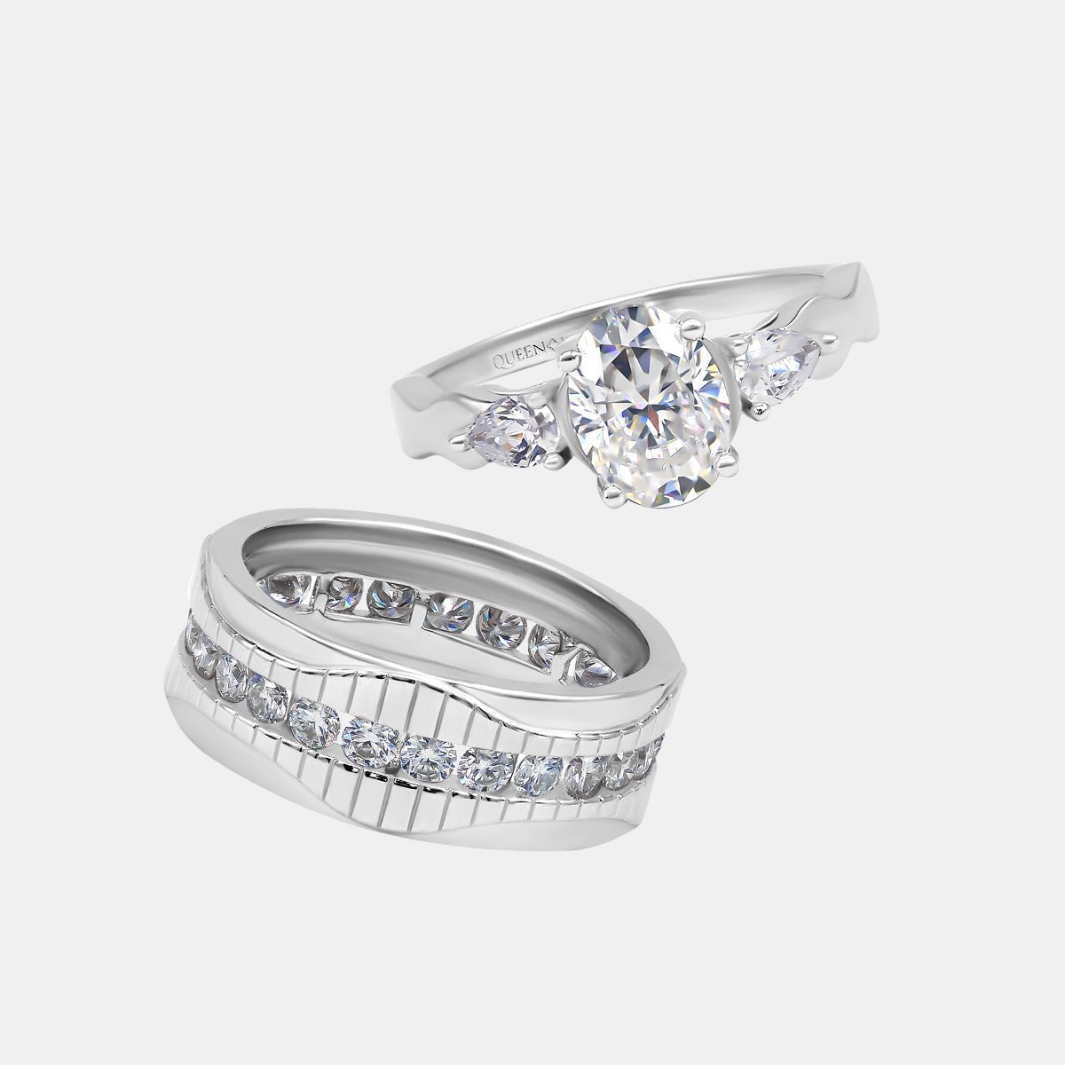 【739】"Entwined" Vintage Art Deco Clear Moissanite Couple Rings - Queenou Jewelry