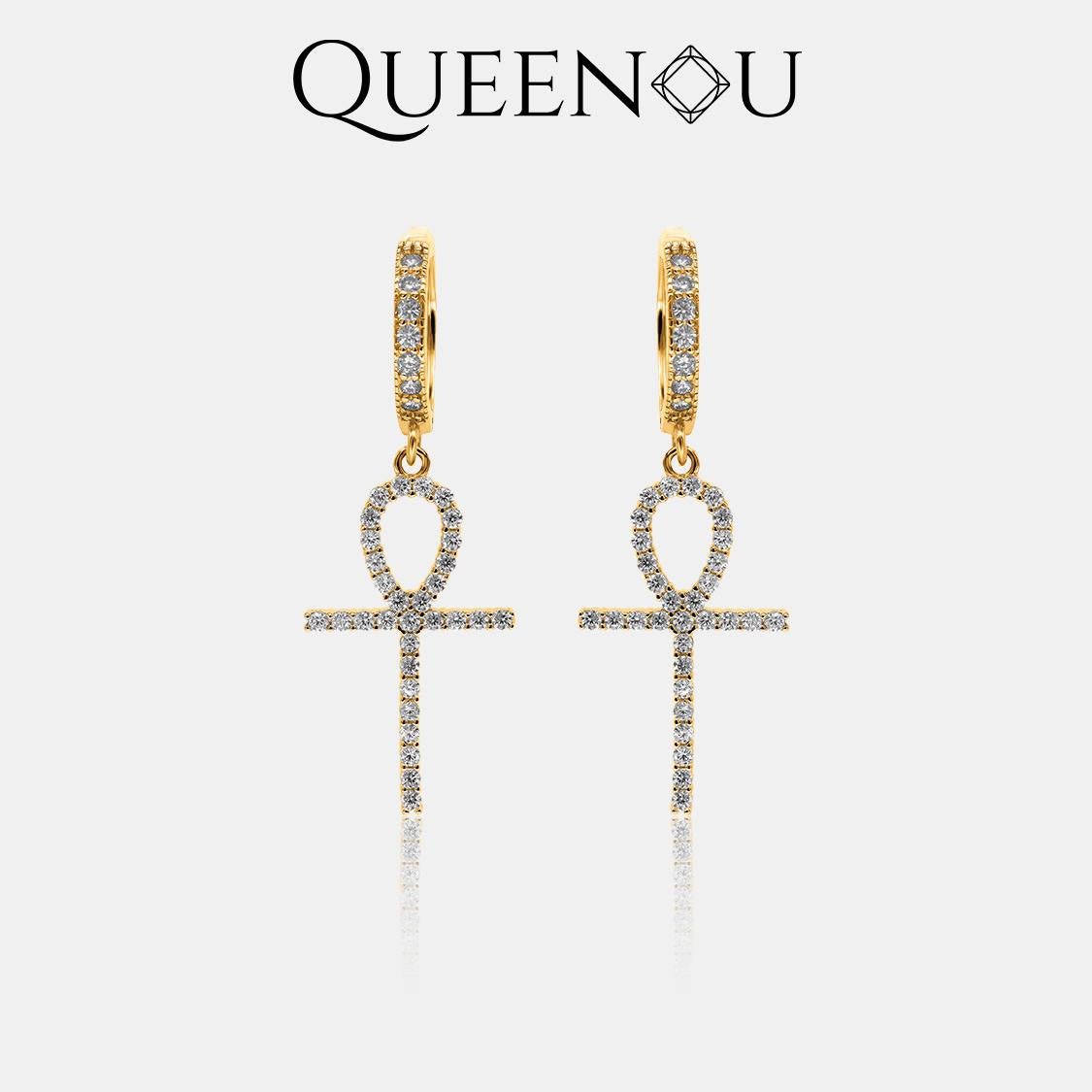 【851】Synthetic Moissanite Ankh Earrings - Queenou Jewelry