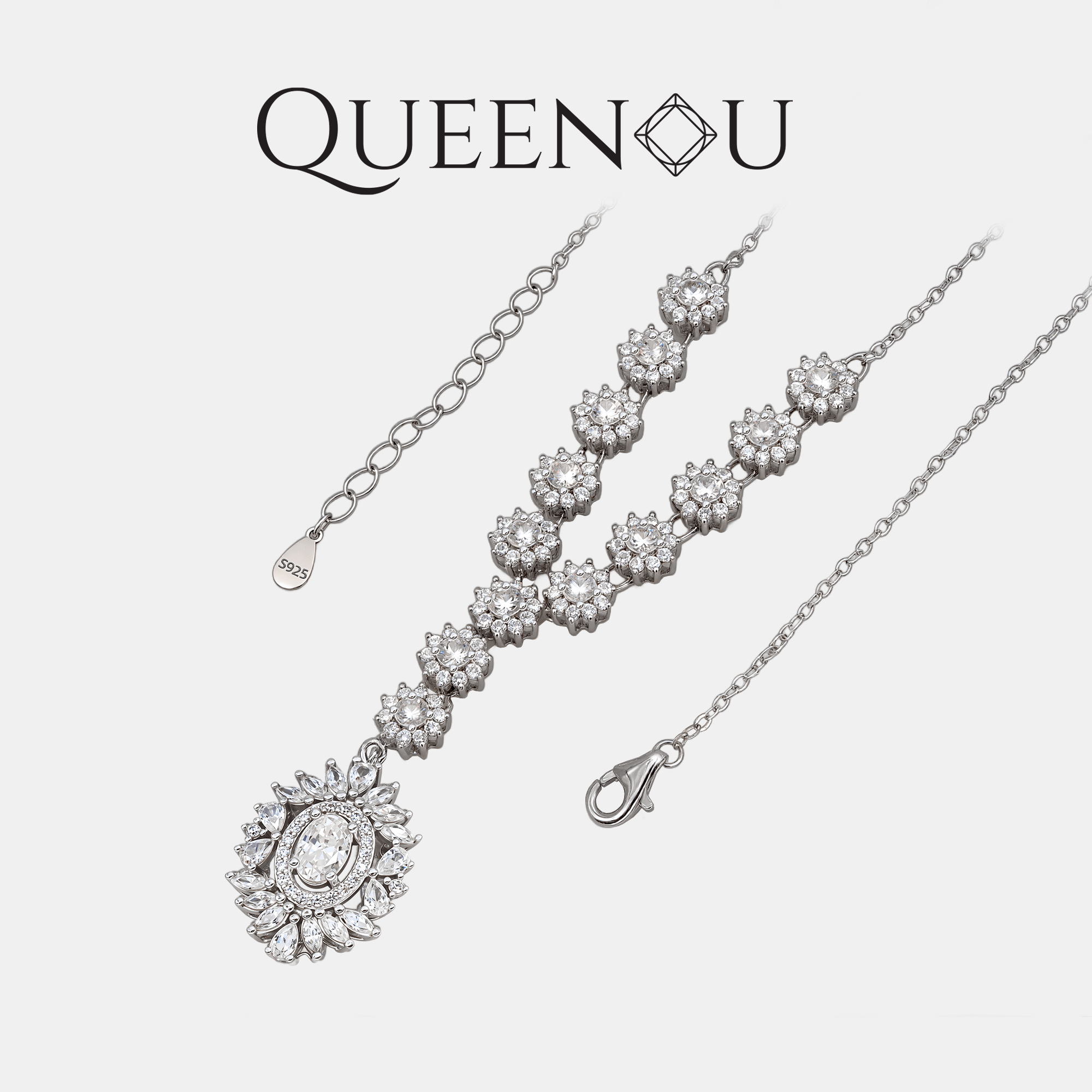 【947】Celestial Cascade Necklace | 1CT Oval Synthetic Moissanite Pendant (White/Black/Green) | | 13 Synthetic Moissanite Accent Chain - Queenou Jewelry