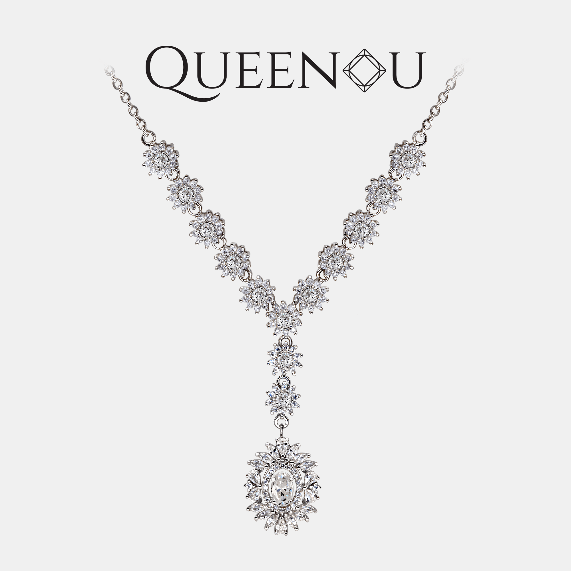 【947】Celestial Cascade Necklace | 1CT Oval Synthetic Moissanite Pendant (White/Black/Green) | | 13 Synthetic Moissanite Accent Chain - Queenou Jewelry
