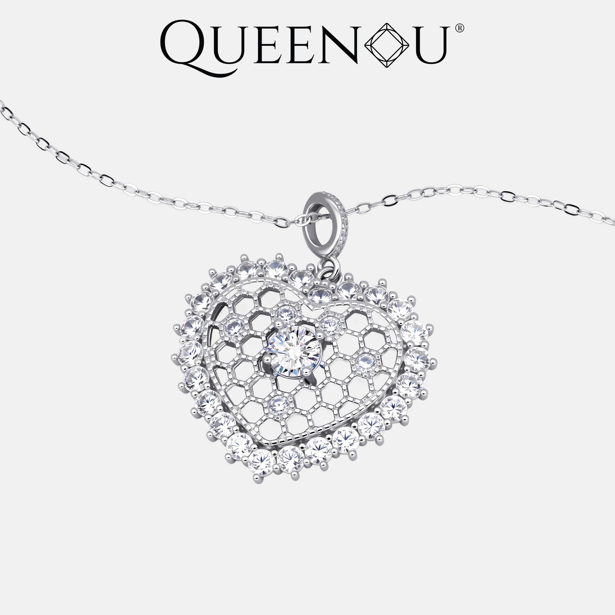 【949】Luxury Honeycomb Heart Drop | 0.5CT Center Synthetic Moissanite Custom Asymmetric Halo | Full Zirconia Border - Queenou Jewelry