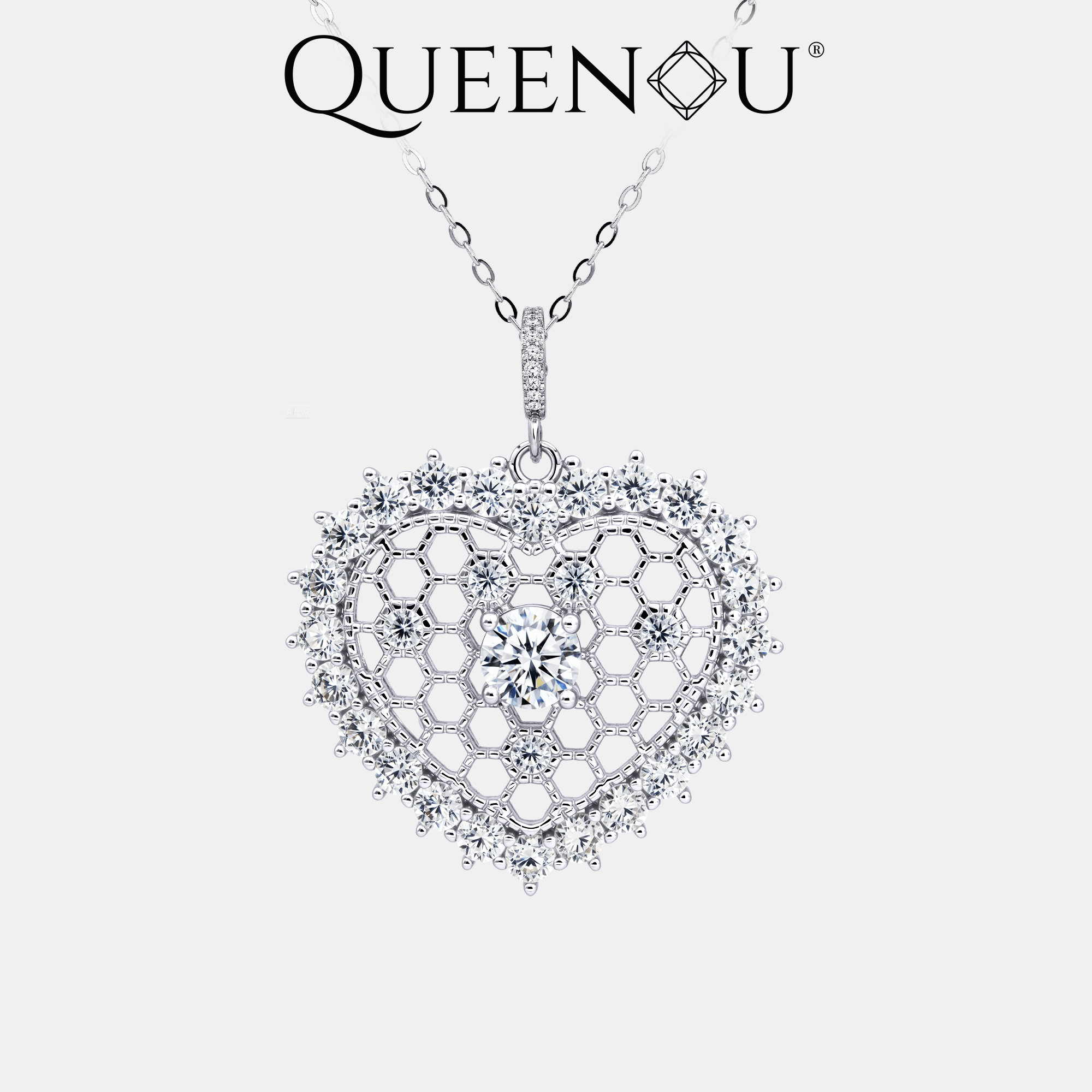 【949】Luxury Honeycomb Heart Drop | 0.5CT Center Synthetic Moissanite Custom Asymmetric Halo | Full Zirconia Border - Queenou Jewelry
