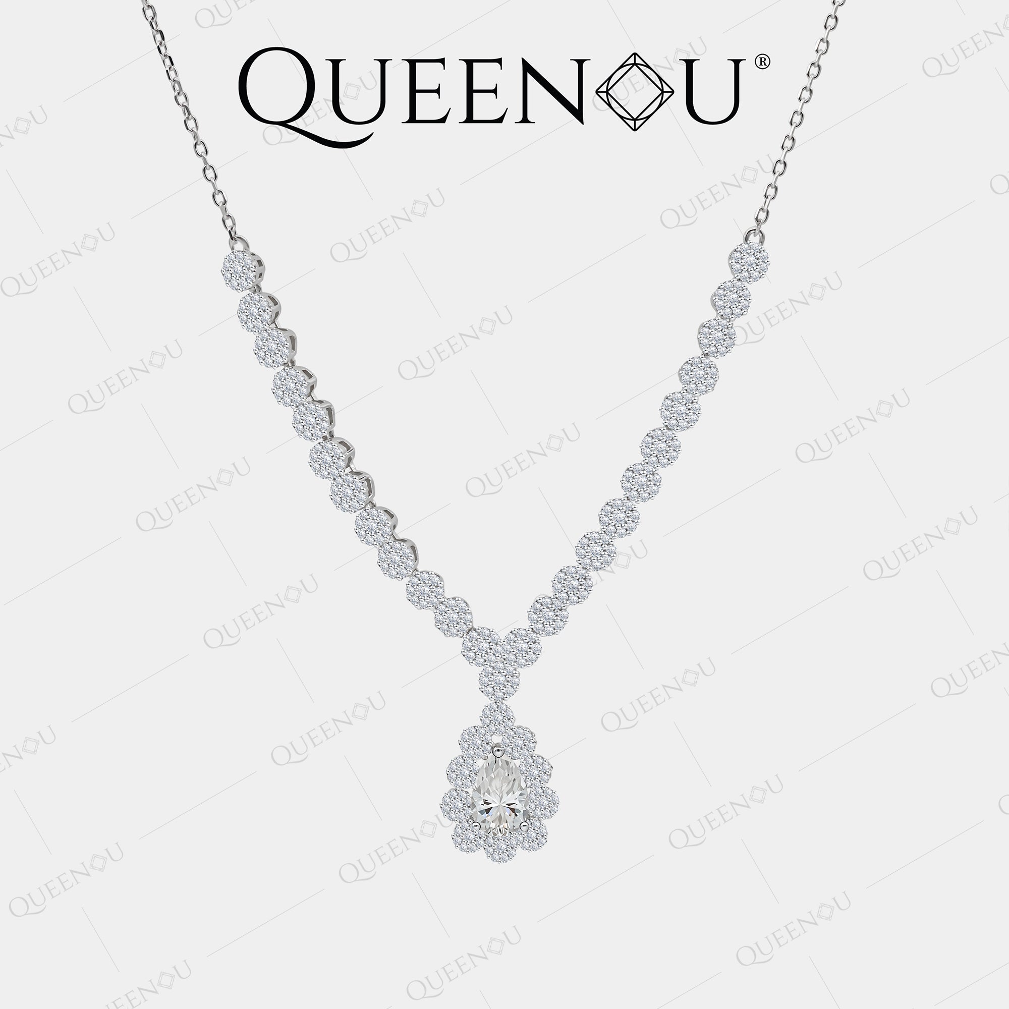 【950】Flower Encircled with 1.5CT Teardrop Synthetic Moissanite Necklace - Queenou Jewelry