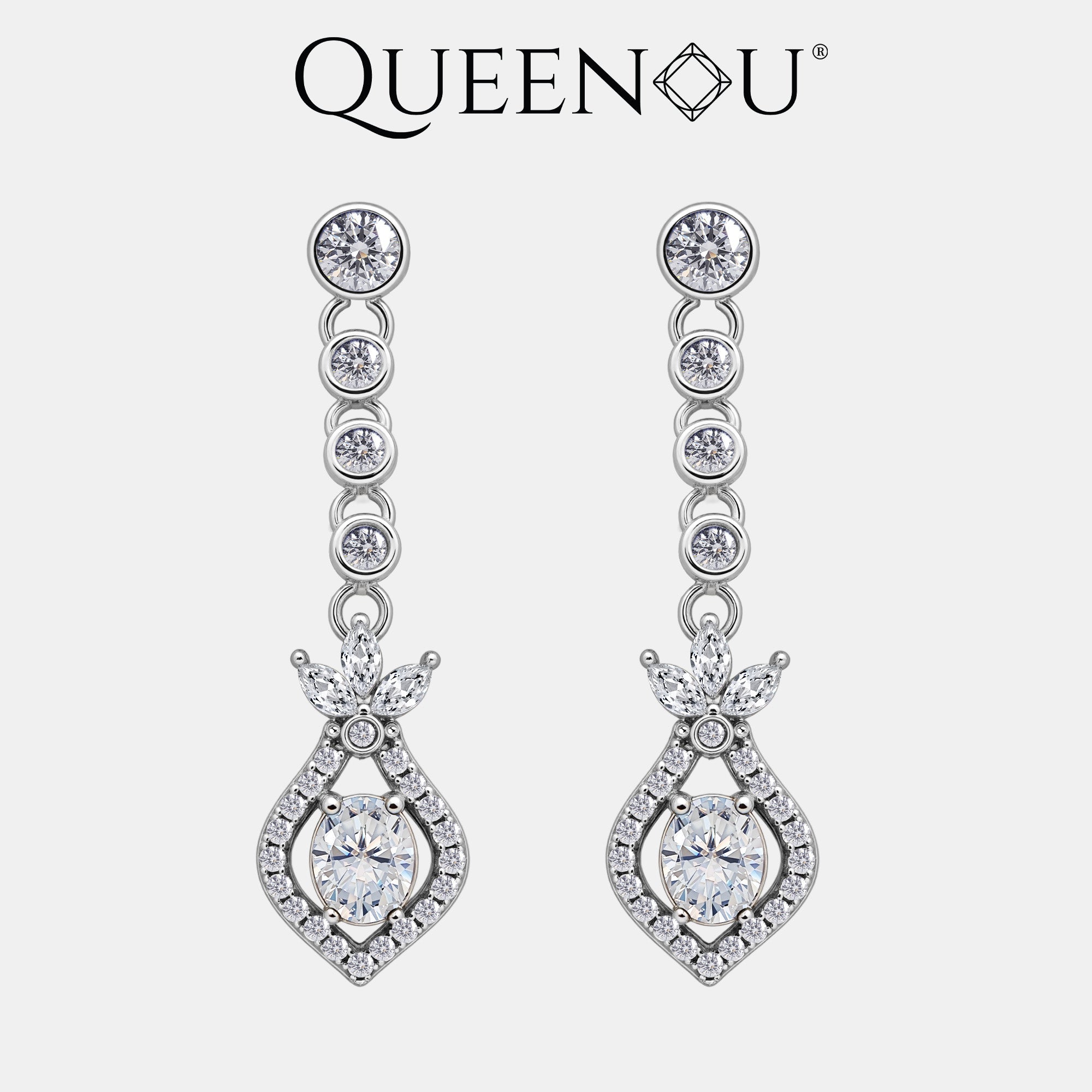 【953】Long Earrings: 0.4CT *2 Center Synthetic Moissanite (W/B/G) | Micro - Pavé Curved Body & Triple Zirconia Connectors - Queenou Jewelry