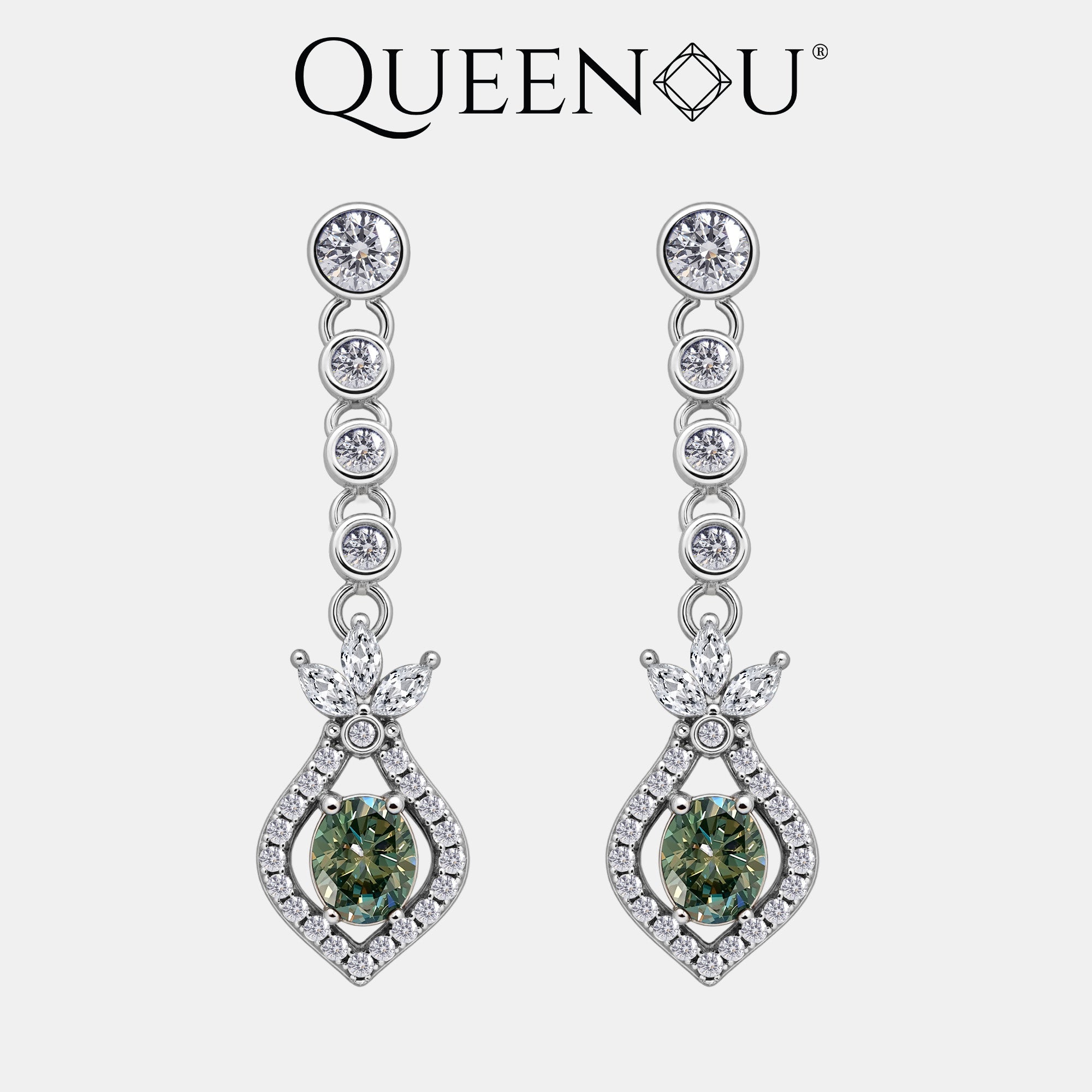 【953】Long Earrings: 0.4CT *2 Center Synthetic Moissanite (W/B/G) | Micro - Pavé Curved Body & Triple Zirconia Connectors - Queenou Jewelry