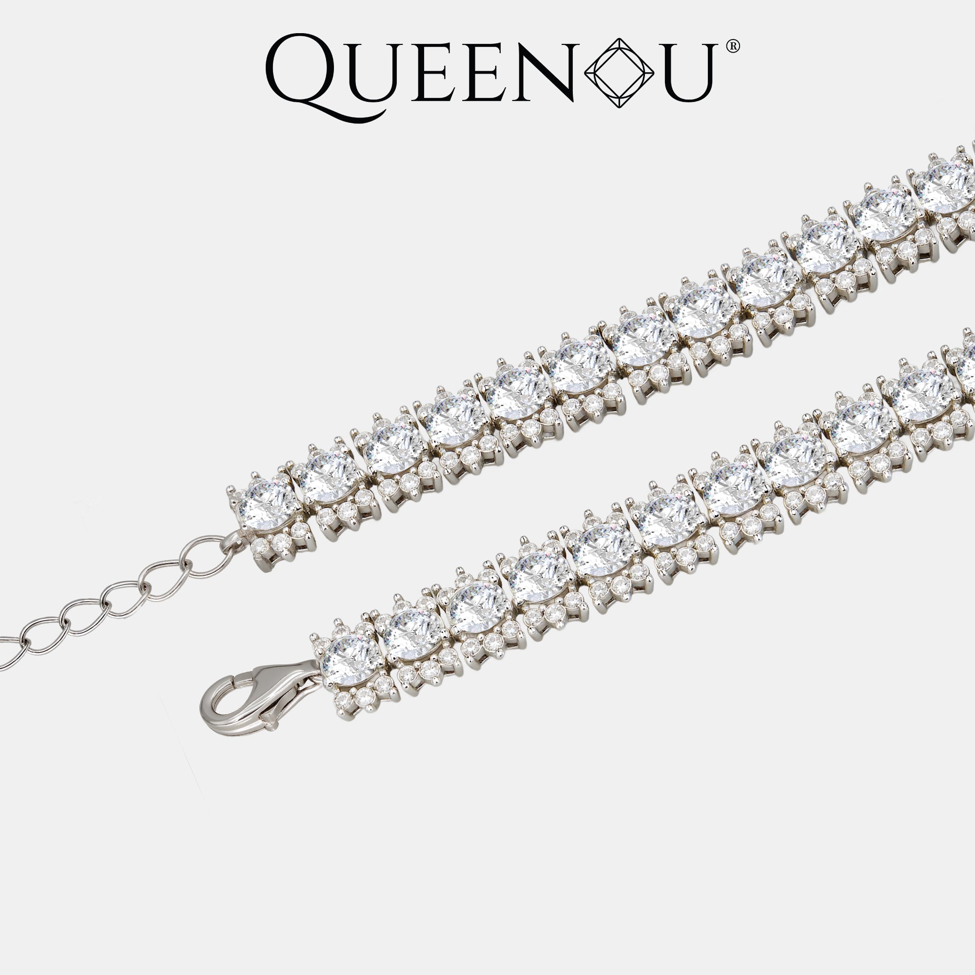 【954】Geometric Cluster Bracelet: 32 Oval Synthetic Moissanites Framed by White Zirconias | Double - Row Zirconia Edging | Lobster Clasp - Queenou Jewelry