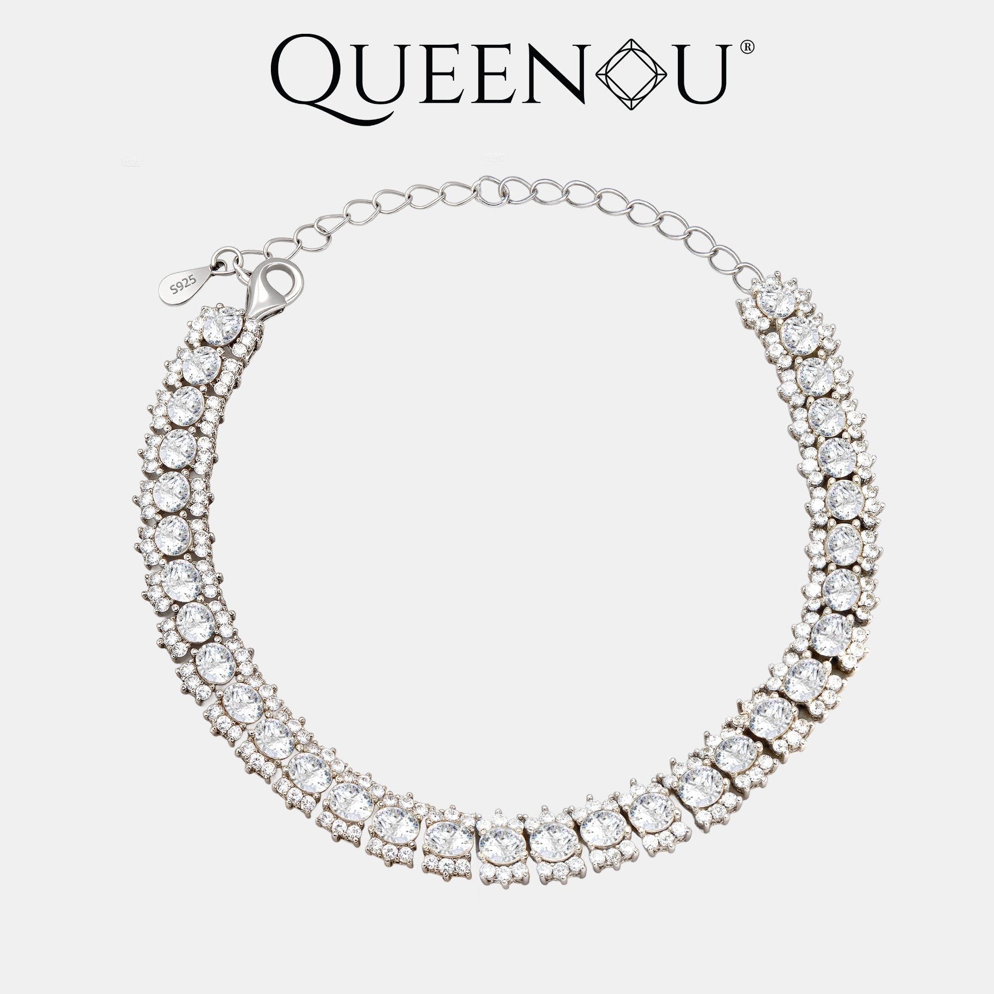 【954】Geometric Cluster Bracelet: 32 Oval Synthetic Moissanites Framed by White Zirconias | Double - Row Zirconia Edging | Lobster Clasp - Queenou Jewelry
