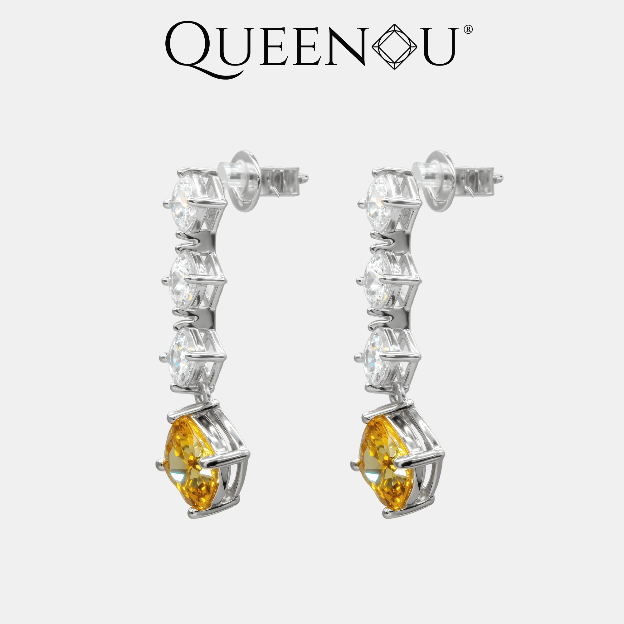 【959】Yellow Square Zircon Stud Earrings with Triple White Round Zircon Accents - Queenou Jewelry