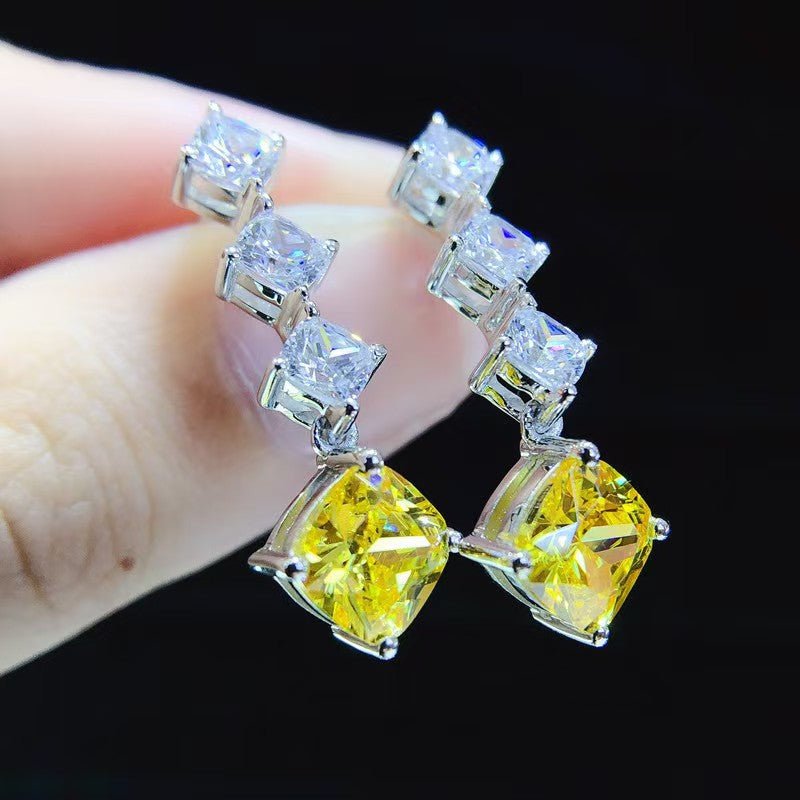 【959】Yellow Square Zircon Stud Earrings with Triple White Round Zircon Accents - Queenou Jewelry