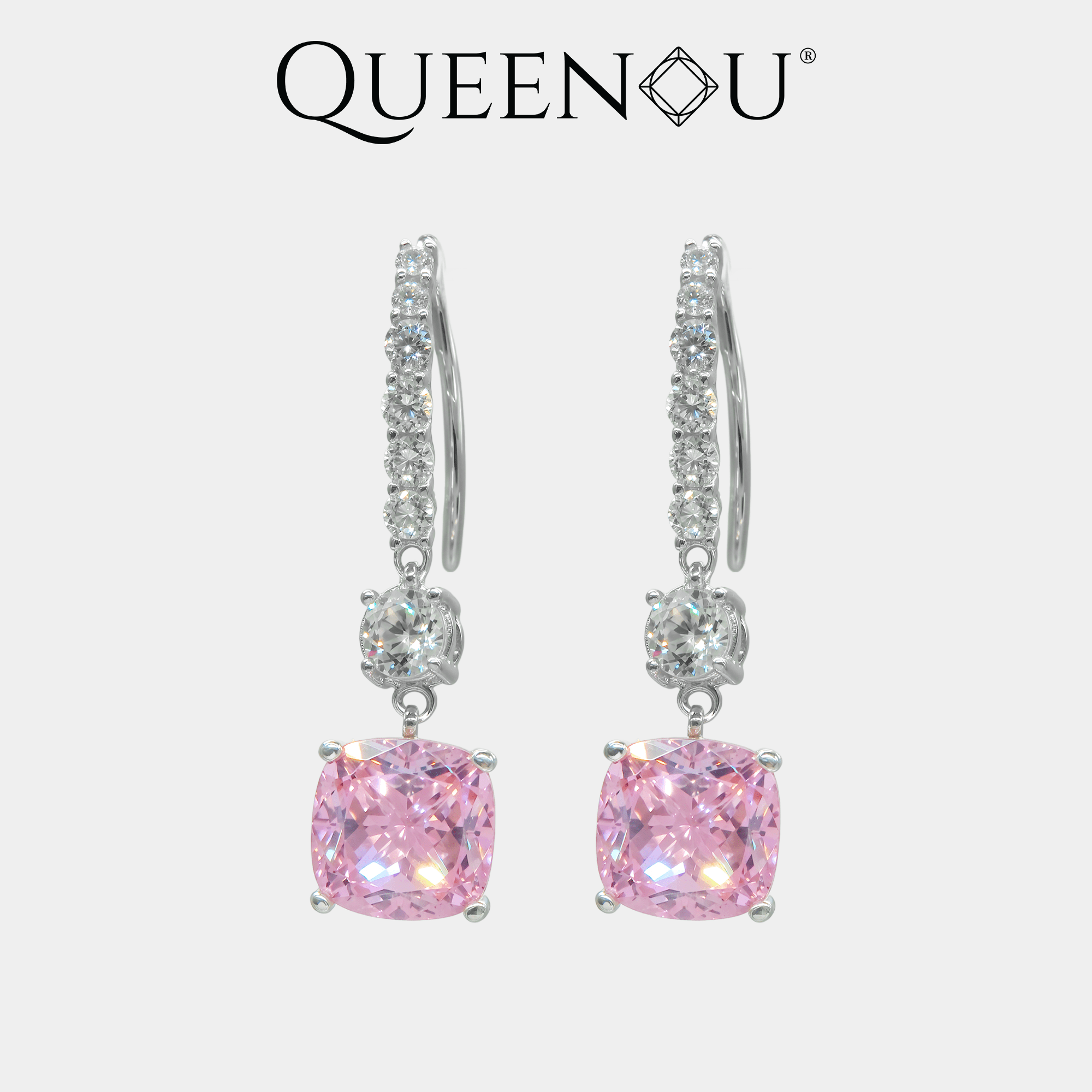 【960】Pink Cushion Zircon Hook Earrings - Queenou Jewelry
