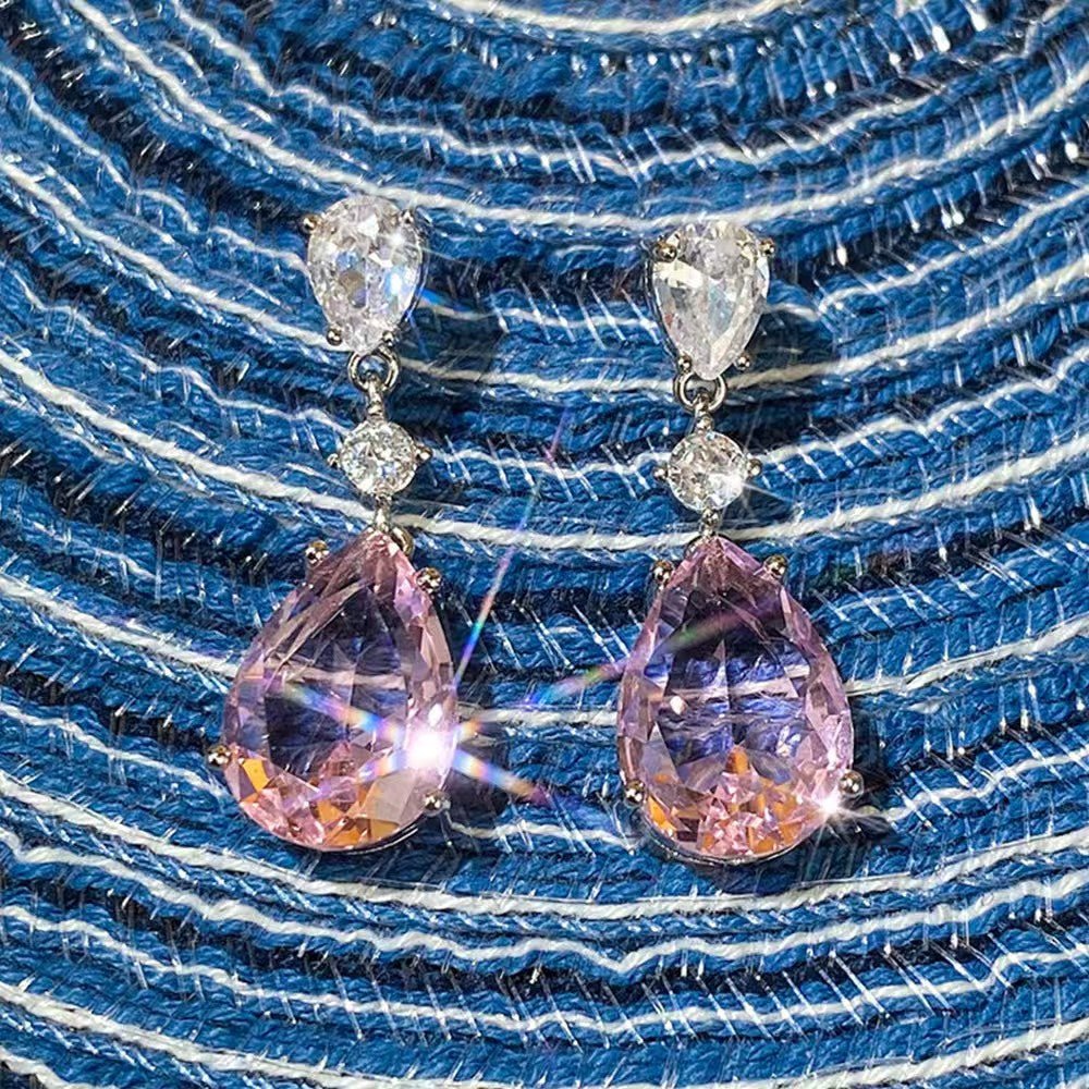 【961】Pink Pear Zirconia Drop Earrings with White Accents & Dangling Motion - Queenou Jewelry