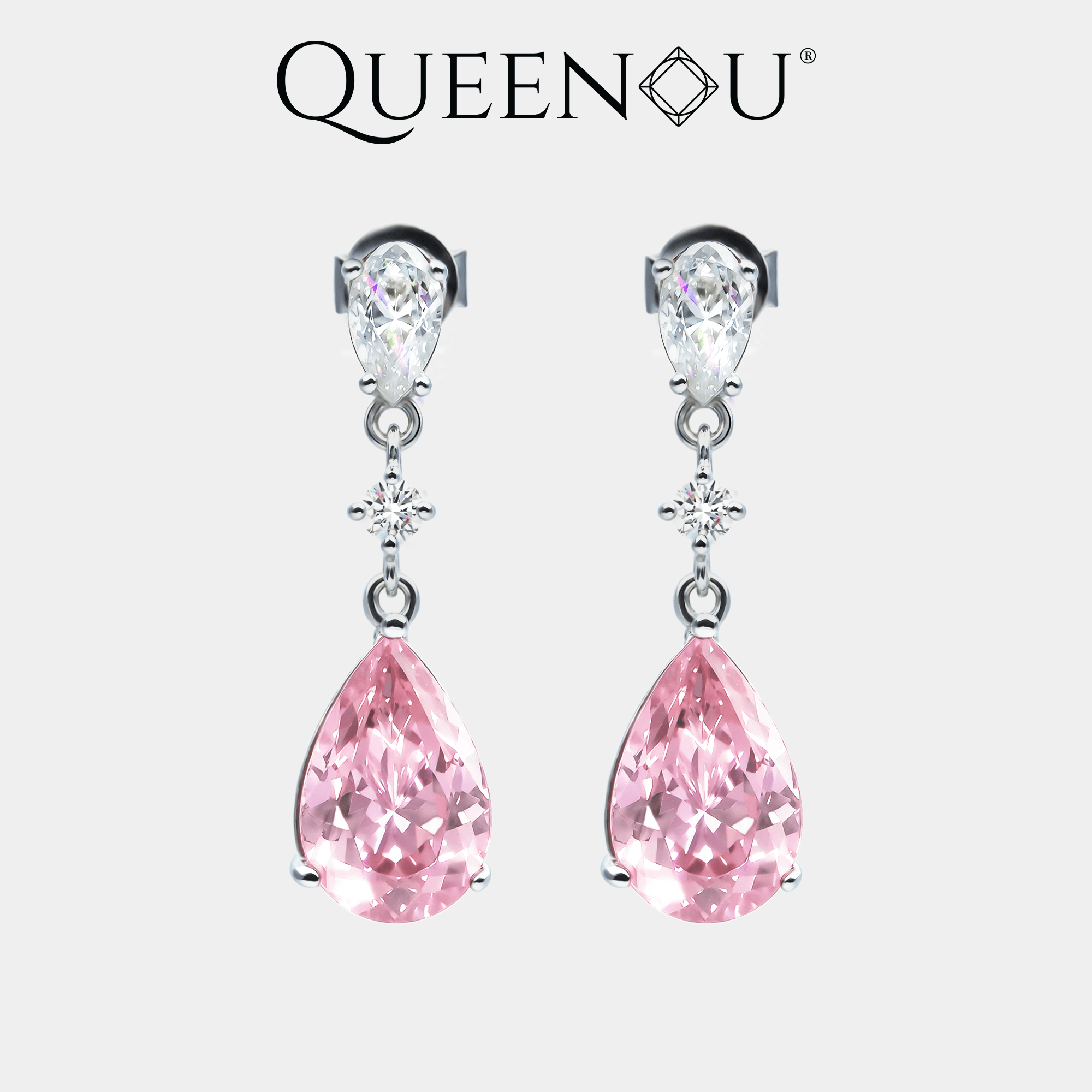 【961】Pink Pear Zirconia Drop Earrings with White Accents & Dangling Motion - Queenou Jewelry