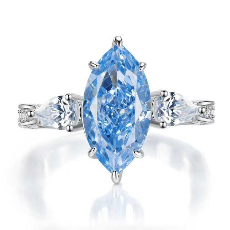 【964】Fall Sparkle Kick off Blue Marquise 4ct Cubic Zirconia Ring | Teardrop Accents & Pavé Band | Six - Prong Setting - Queenou Jewelry