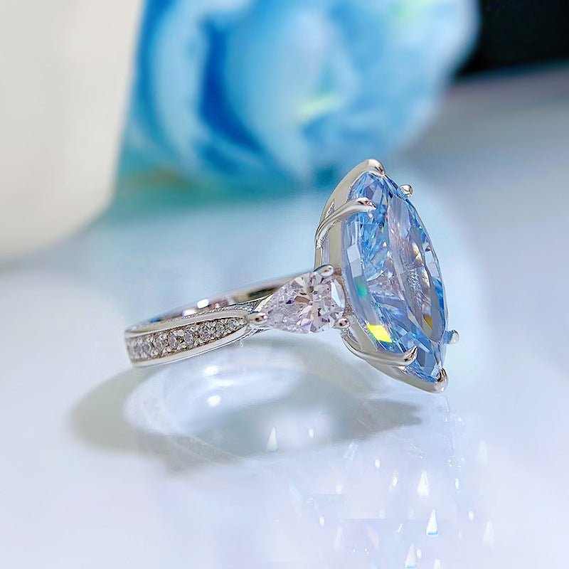 【964】Fall Sparkle Kick off Blue Marquise 4ct Cubic Zirconia Ring | Teardrop Accents & Pavé Band | Six - Prong Setting - Queenou Jewelry