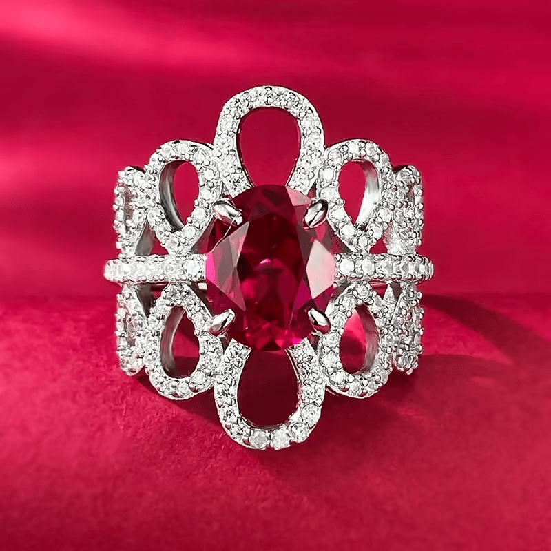 【965】Victorian - Inspired Floral Lace Ring | 7x9mm Fiery Red Oval Zirconia Center | Wide Pavé Diamond - Cut Zirconia Band | Statement Cocktail Ring - Queenou Jewelry