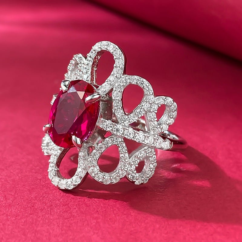 【965】Victorian - Inspired Floral Lace Ring | 7x9mm Fiery Red Oval Zirconia Center | Wide Pavé Diamond - Cut Zirconia Band | Statement Cocktail Ring - Queenou Jewelry