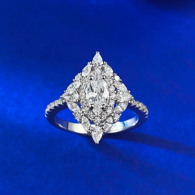 【966】Art Deco Geometric Marquise Ring | 4x8mm White Marquise Zirconia Center | Double Halo | Full Pave Band - Queenou Jewelry
