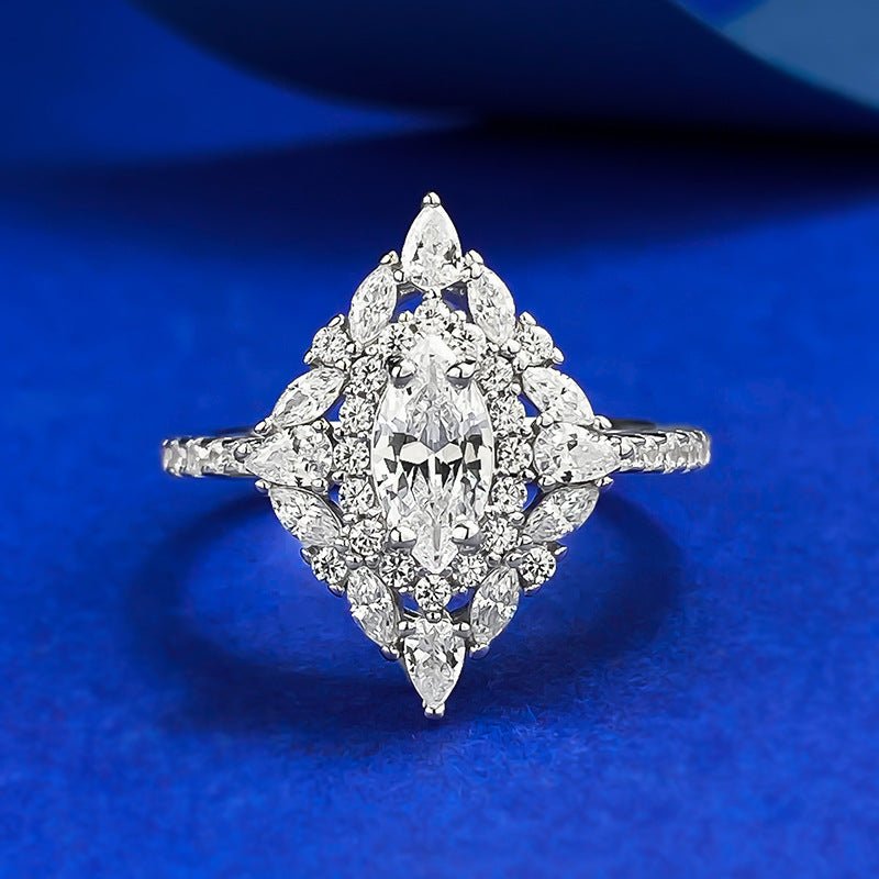 【966】Art Deco Geometric Marquise Ring | 4x8mm White Marquise Zirconia Center | Double Halo | Full Pave Band - Queenou Jewelry