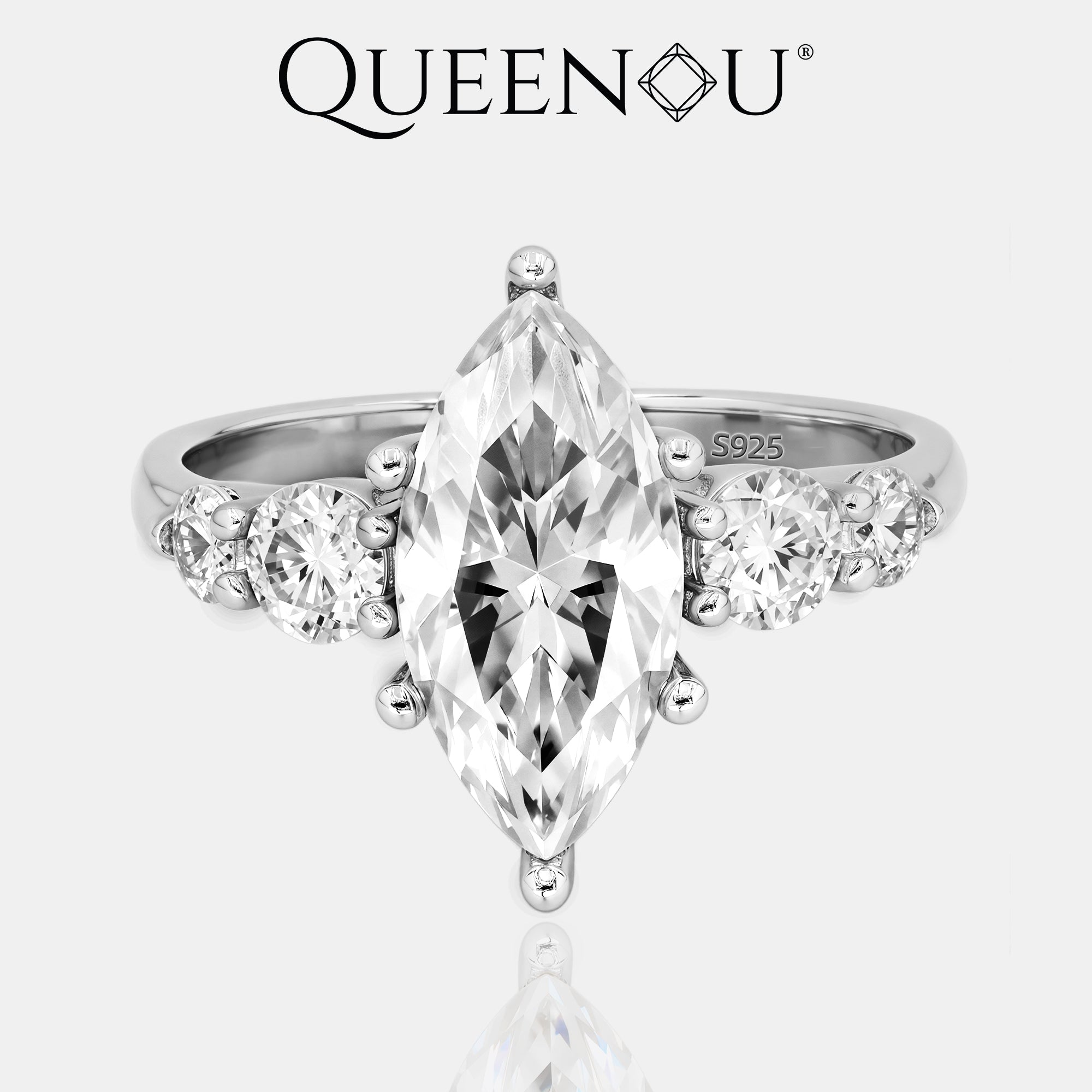 【972】7x14mm White Marquise Synthetic Moissanite Solitaire Ring | 8 - Claw Setting | Paired with 3mm & 4mm Synthetic Moissanite Accents - Queenou Jewelry