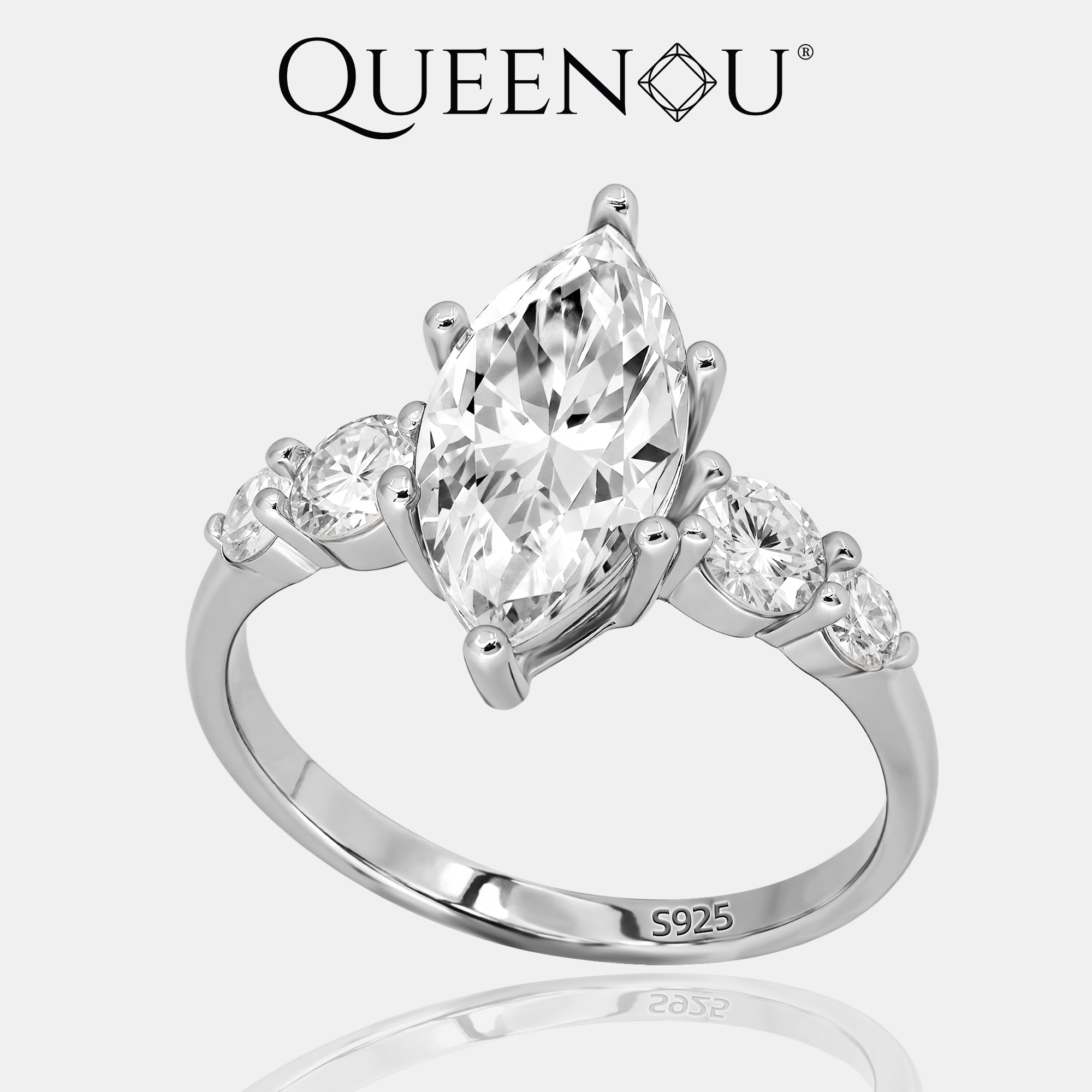【972】7x14mm White Marquise Synthetic Moissanite Solitaire Ring | 8 - Claw Setting | Paired with 3mm & 4mm Synthetic Moissanite Accents - Queenou Jewelry