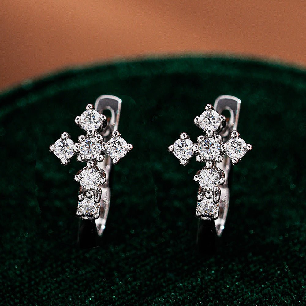 【979】Minimalist 5 - Stone Synthetic Moissanite Cross Studs | Precision - Set in Sacred Geometry Design - Queenou Jewelry