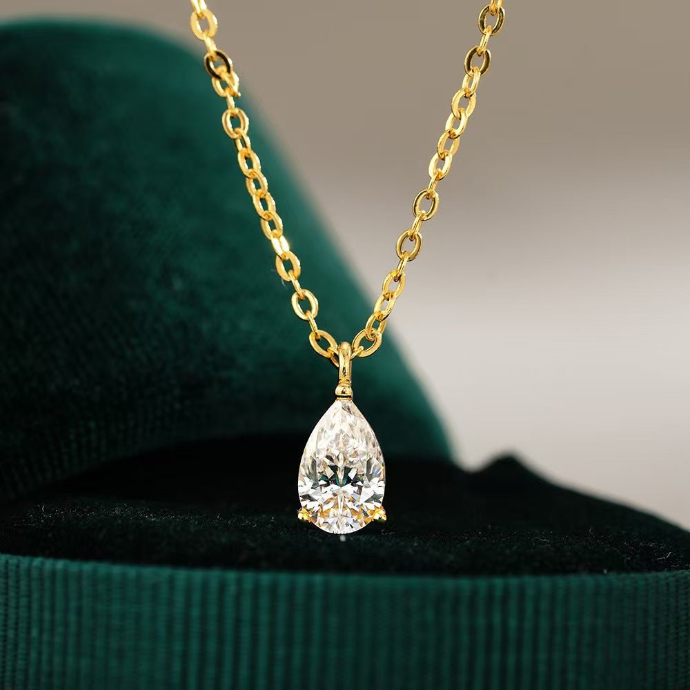 【980】Dangling Teardrop Pendant Necklace , Features a Sparkling 1 or 2 Carat White Synthetic Moissanite, Elegant Everyday Statement Piece - Queenou Jewelry