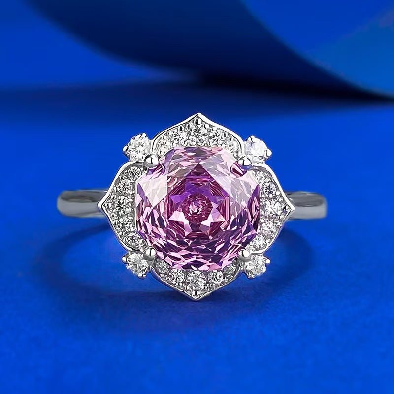 【982】Exclusive Millennium Cut 2CT Purple Zirconia Ring | 1000 - Facet Precision + Artisan Floral Halo Setting - Queenou Jewelry