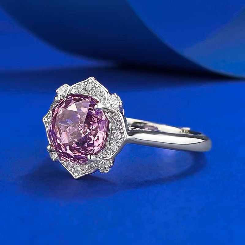 【982】Exclusive Millennium Cut 2CT Purple Zirconia Ring | 1000 - Facet Precision + Artisan Floral Halo Setting - Queenou Jewelry