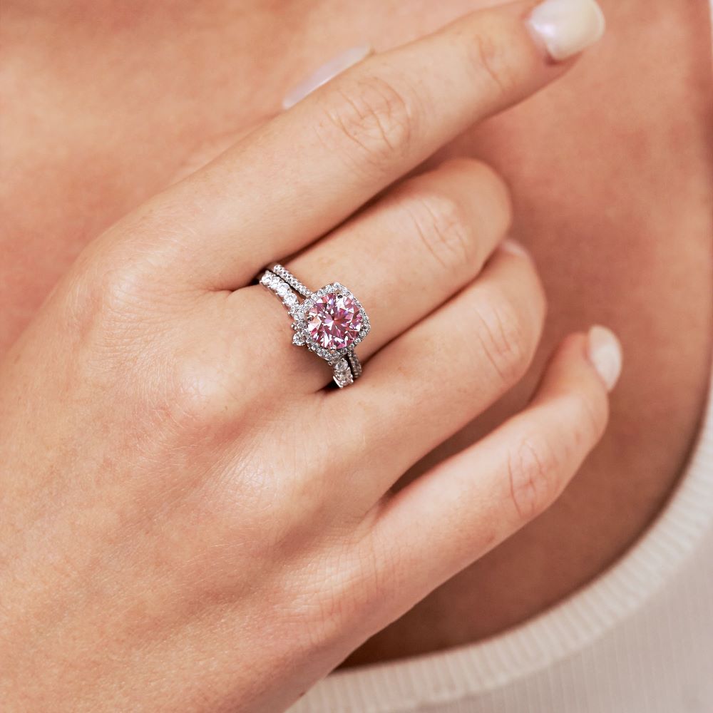 【#A8】Pink Petal Sparkle Ring (925 Sterling Silver Moissanite Ring with V Band Ring)