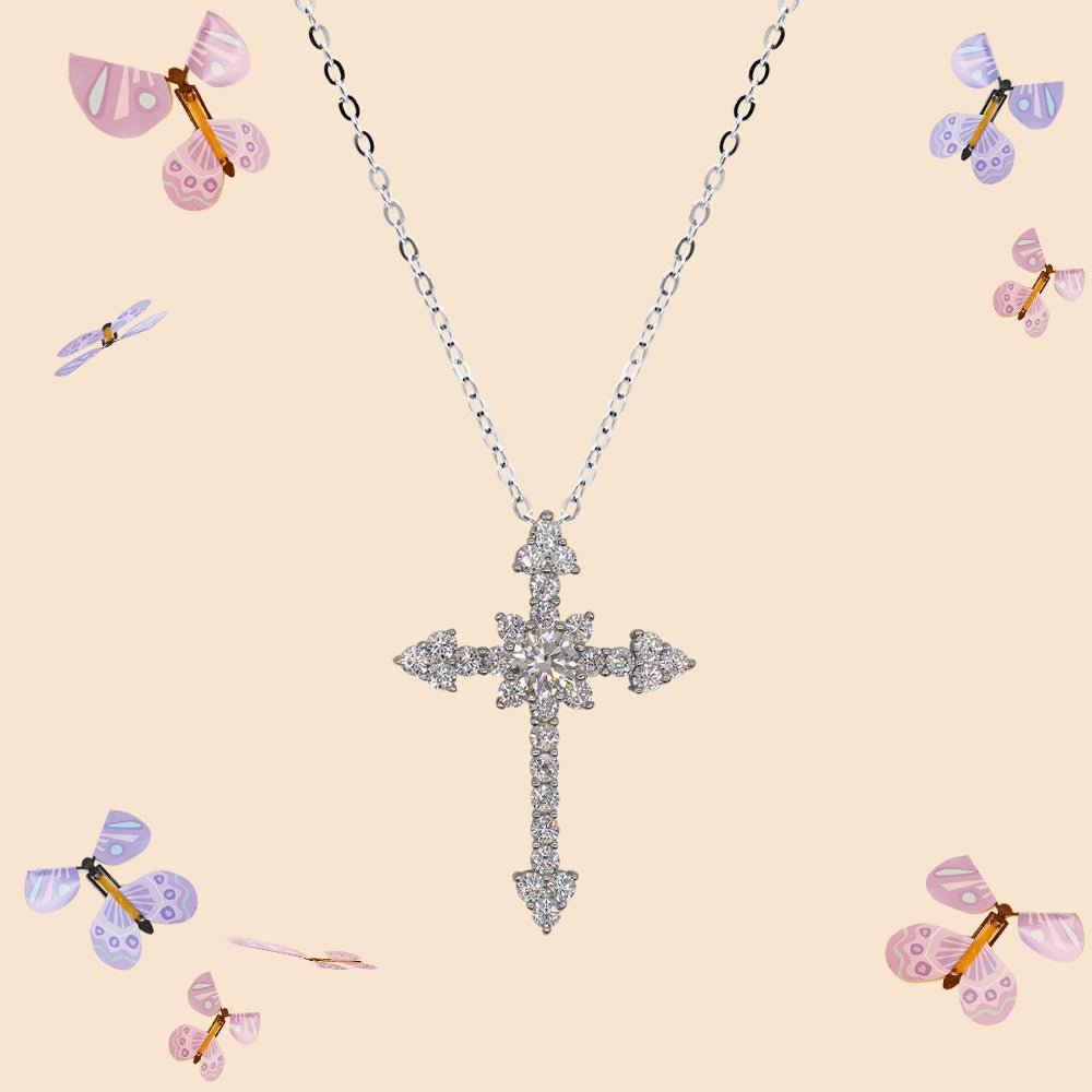 【A10】Sacred Serenity Cross Necklace （925 Sterling Silver Moissanite Necklace） - Queenou Jewelry
