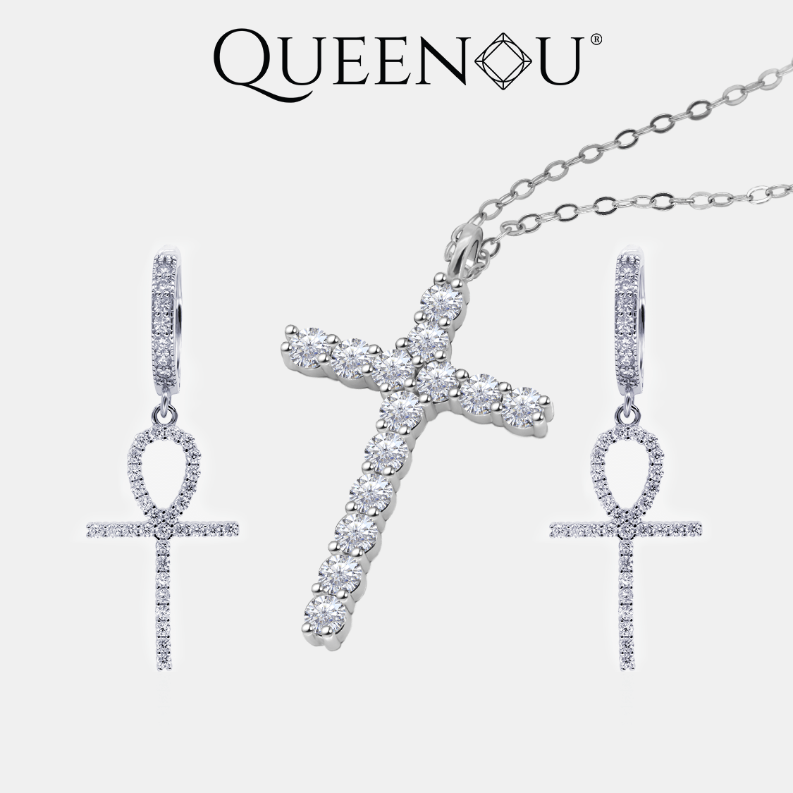 【Z2】Luminara Cross Synthetic Moissanite Jewelry Earrings Necklace Set �C Elegant & Fashionable Necklace and Earrings for Women, Perfect for Anniversary, Wedding, or Valentine’s Day Gift - Queenou Jewelry