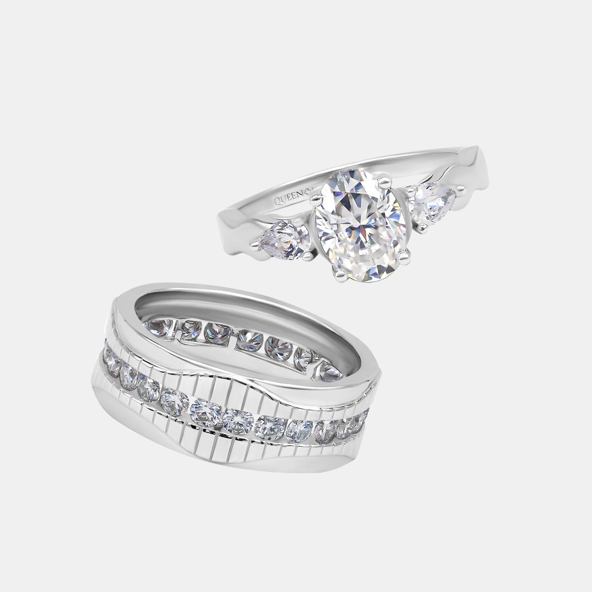 【739】"Entwined" Vintage Art Deco Clear Moissanite Couple Rings