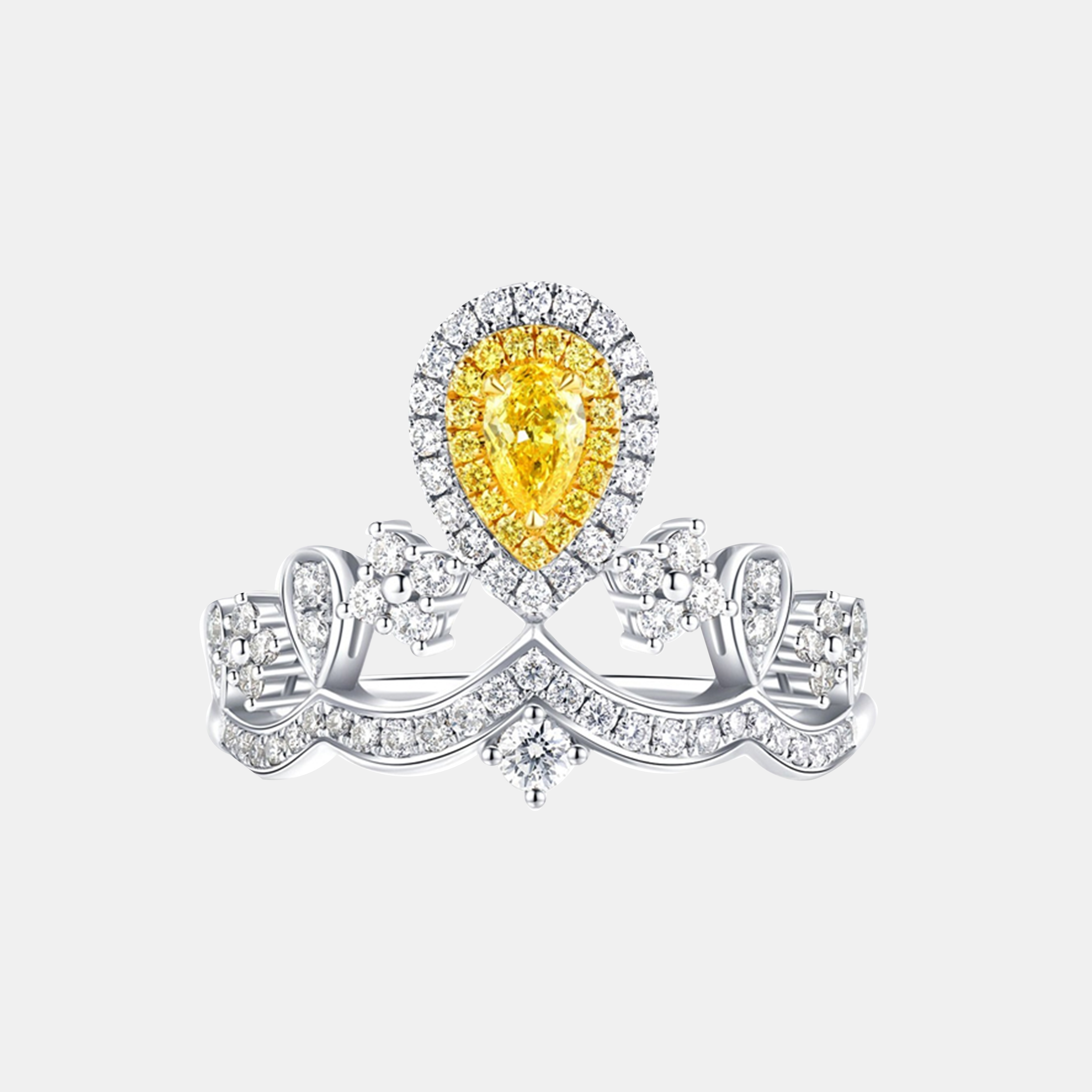 18K White Gold Halo Pear Yellow Lab Diamond Tiara Ring