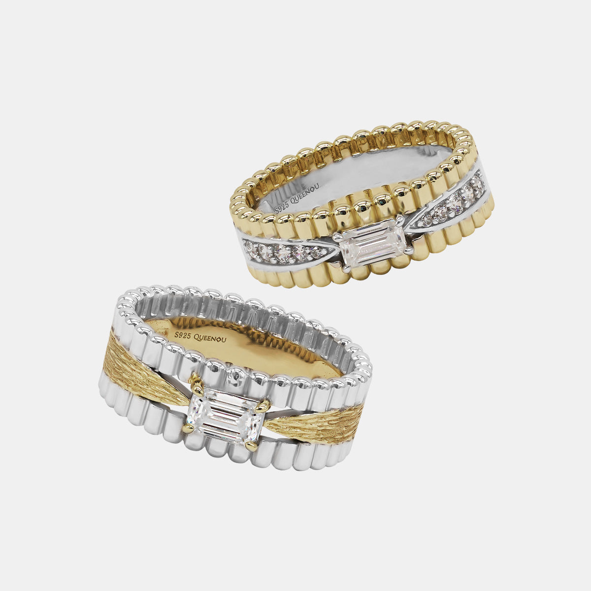 【737】"Entwined" Channel-tapered Gold-plated Emerald Cut Moissanite Couple Bubble Rings