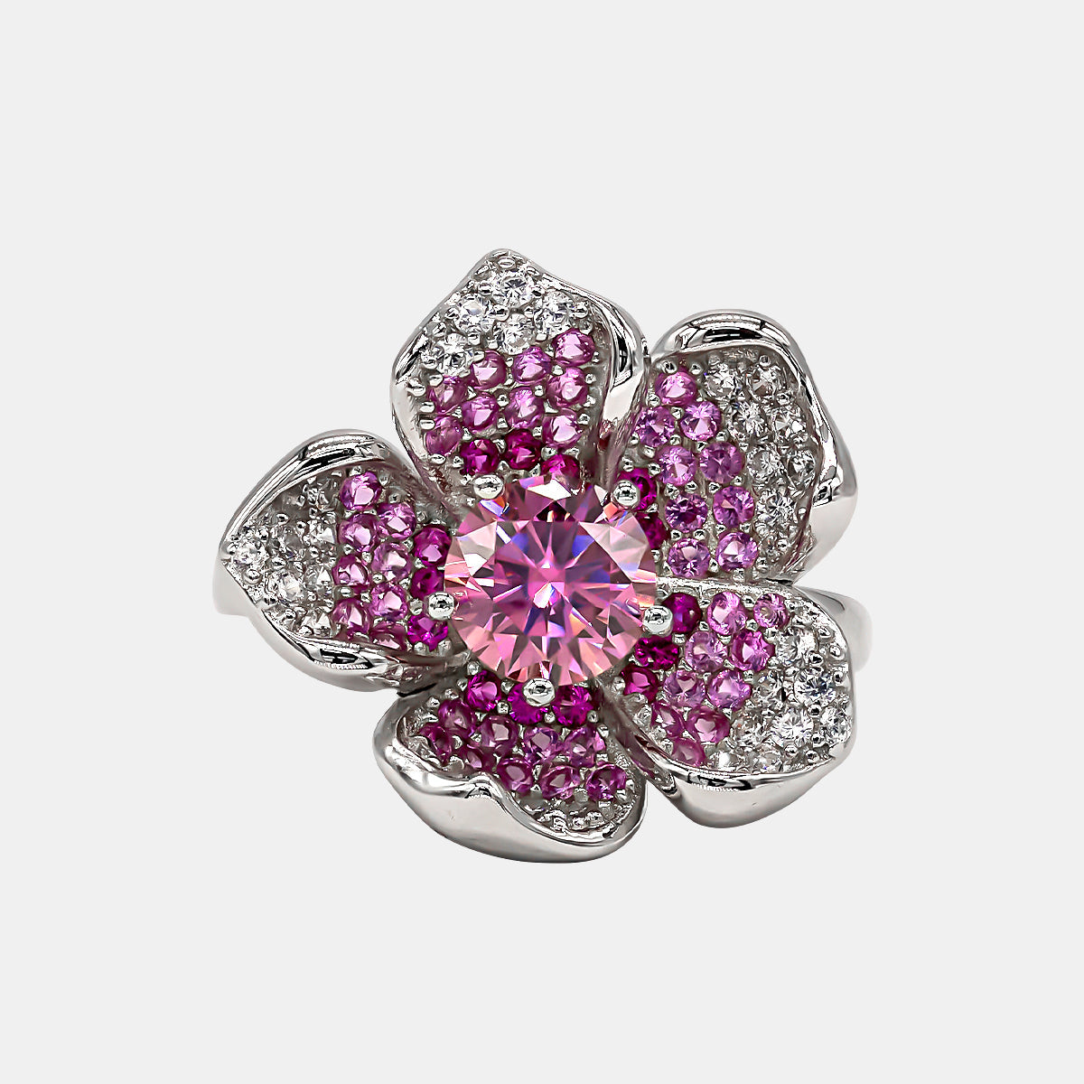 【732】"Springtime Symphony" Flower Gradient Cluster 1 Carat Pink Moissanite Ring