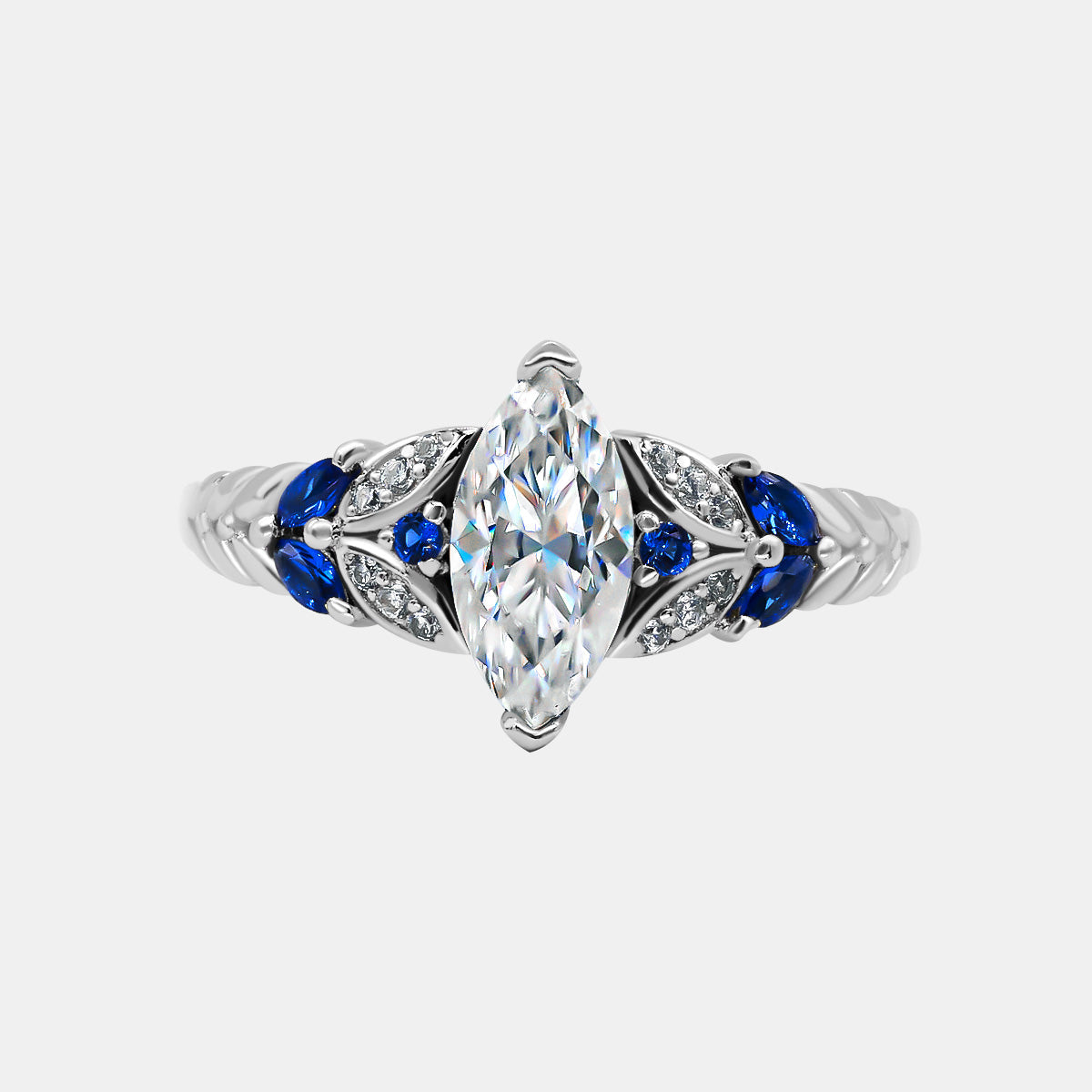 【733】"Springtime Symphony" Blue Adorned Laurel 1 Carat Marquise Moissanite Ring