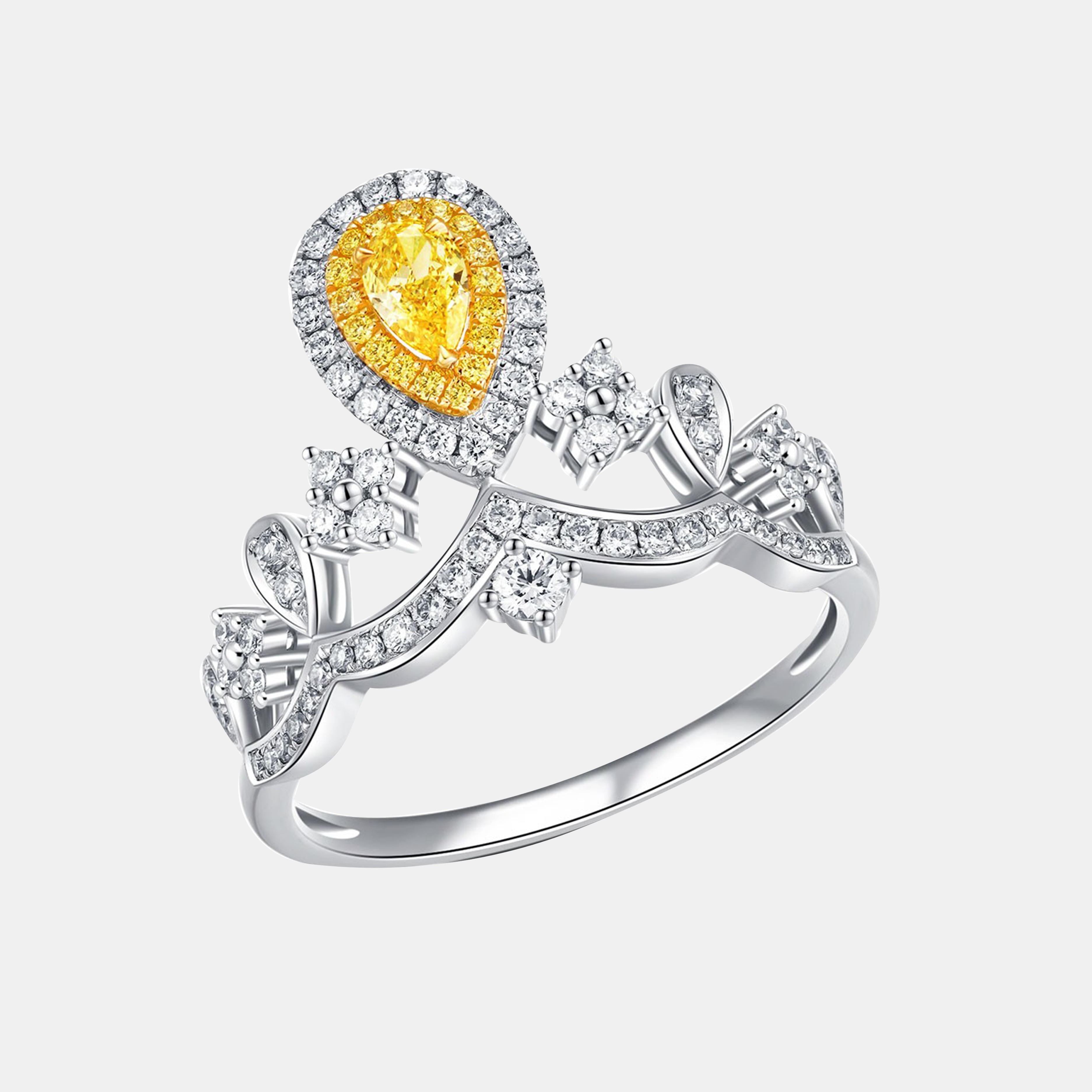 18K White Gold Halo Pear Yellow Lab Diamond Tiara Ring